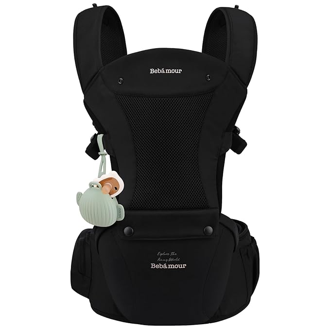 Bebamour Baby Carrier with Hip Seat,All-Position Breathable Mesh Hip Seat & Carrier 0-36Months with Head Hood, 3 PCS Teething Pads, Waist Extender,Storage Bag & Pacifier Case(Black)