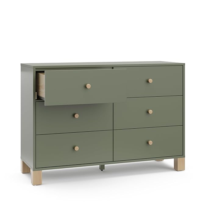 Storkcraft California 6-Drawer Double Dresser (Olive with Driftwood) - GREENGUARD Gold Certified, Interlocking Drawer System, Dresser Drawer Organizer for Kids Bedroom