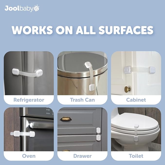 Child Safety Strap Locks (12 Pack) Baby Proof Cabinets, Drawers, Fridge, Toilet & Trash Cans – 3M Adhesive Childproof Locks – Jool Baby