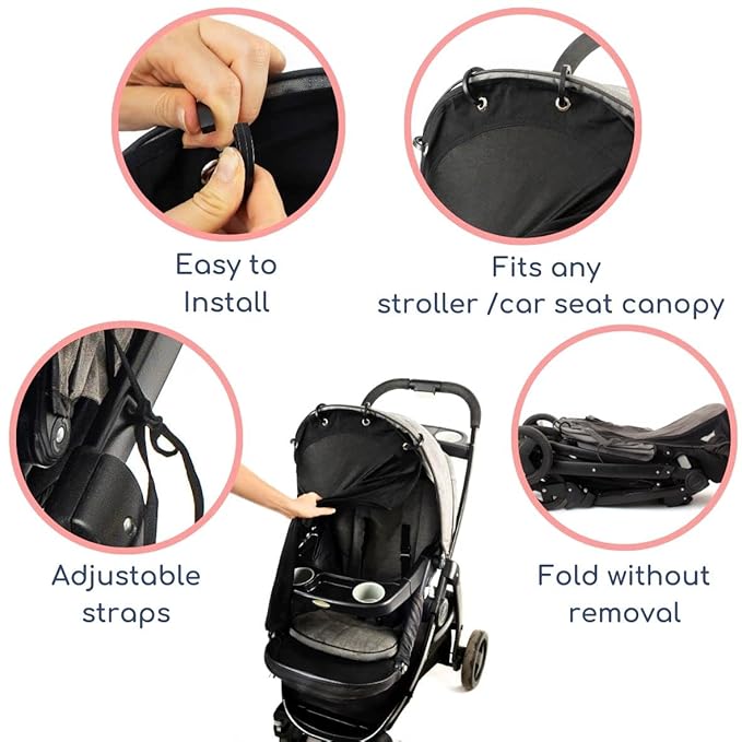 Stroller Sun Shade - Universal UV Protection Cover for Strollers Sunshade with See Through, Clip-On Sun Blocker, Sun Shield for Baby, Breathable Adjustable Fit, Full Coverage, XL Black