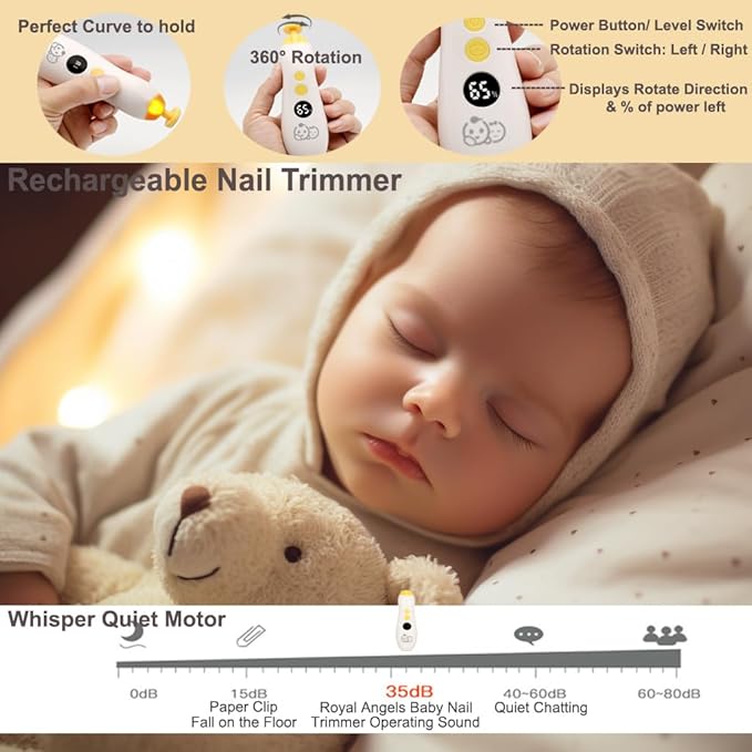 Rechargeable 22 in 1 Baby Nail Trimmer, Usage Labeled Case, 13 Extra Replacement Tools, Royal Angels Electric Nail File with LCD Display, Newborn Toddler Nail Care Clipper Kit (Rechargeable, Mango)