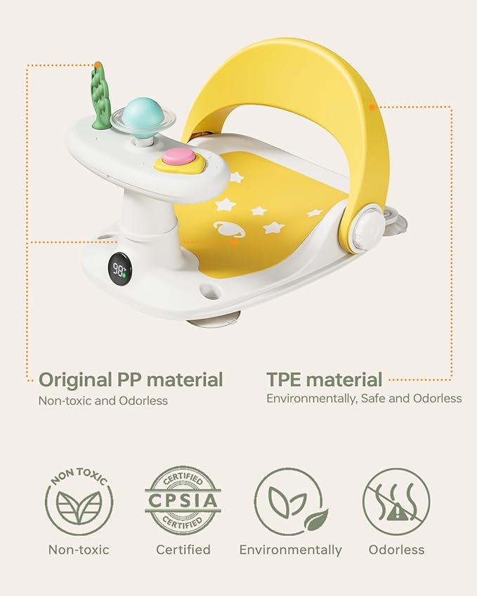 Baby Bath Seat for Babies 6 Months & Up Bath Seats for Babies Sitting Up Non-Slip Infant Bathtub Chair with Suction Cups & Water Thermometer for Toddlers Sitting Up, Easy to Clean (Yellow)