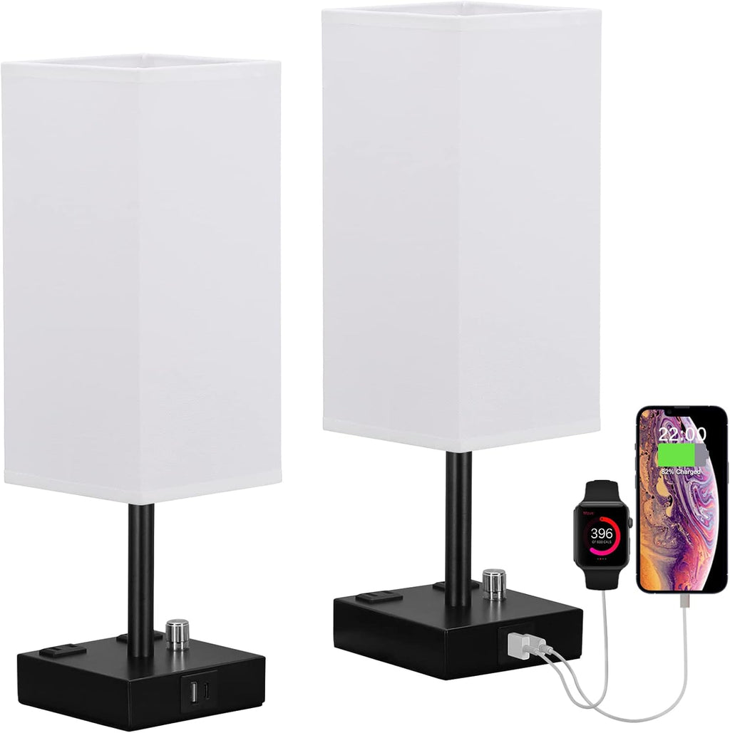 White Fully Dimmable Nightstand Lamps Set of 2 - Table Bedside Lamp with USB C+A Charging Ports & 2 AC Outlets, Square Lamp Sets Linen Fabric Shade for Bedroom Living Room(Bulb Included)