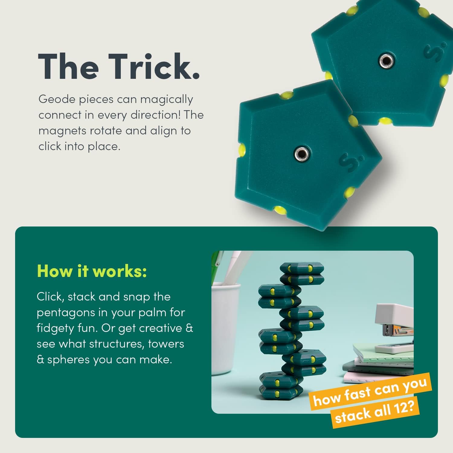 Speks Geode Matte Pentagons Magnetic Fidget Toy for Adults | Quiet Sensory Toy for Stress Relief & Anxiety, Office Desk Toy & Top Gadget Gift Idea | Monstera, 12-Piece Set