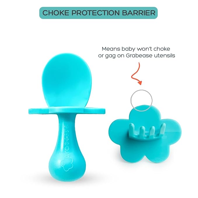 Grabease Baby Feeding Utensils - Anti-Choke Collar & Toddler Fork for Ages 1-3 - Easy-Grip Curved Handle Infant Spoon - Dishwasher-Safe Convenience & Baby Cutlery - Teal
