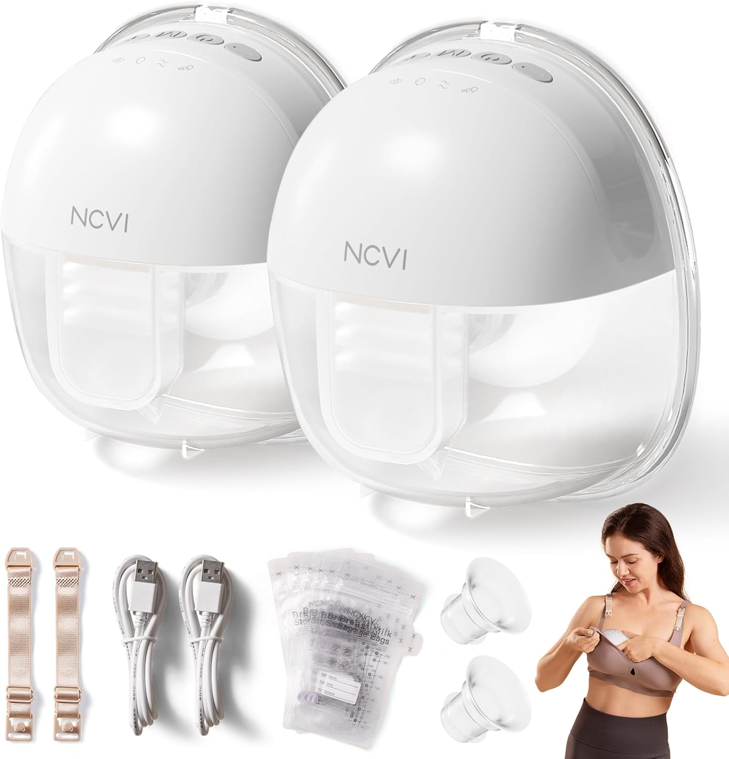 NCVI Wearable Breast Pump 8111, Hands Free Breastfeeding Pump, Wireless Portable Milk Pump with Strong Suction, 4 Modes & 9 Levels, Ultra-Quiet Discreet Pump, 21/24mm Flanges, 2 Pack (White)