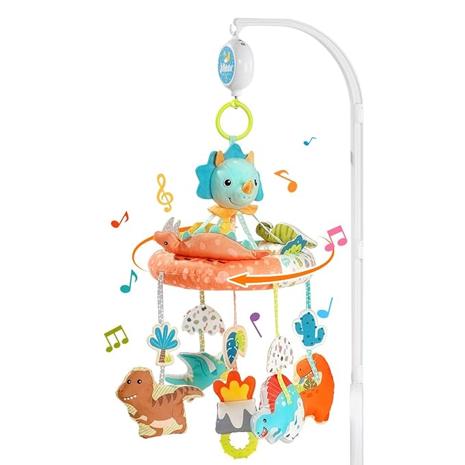 Jollybaby Nursery Baby Automatic Rotating Dinosaur Crib Mobile with Music Box & Arm, Montessori Sensory Musical Hanging Toy for Bassinet, Newborn Clip on Crib Mobile Soother Toy Gift, Polyester