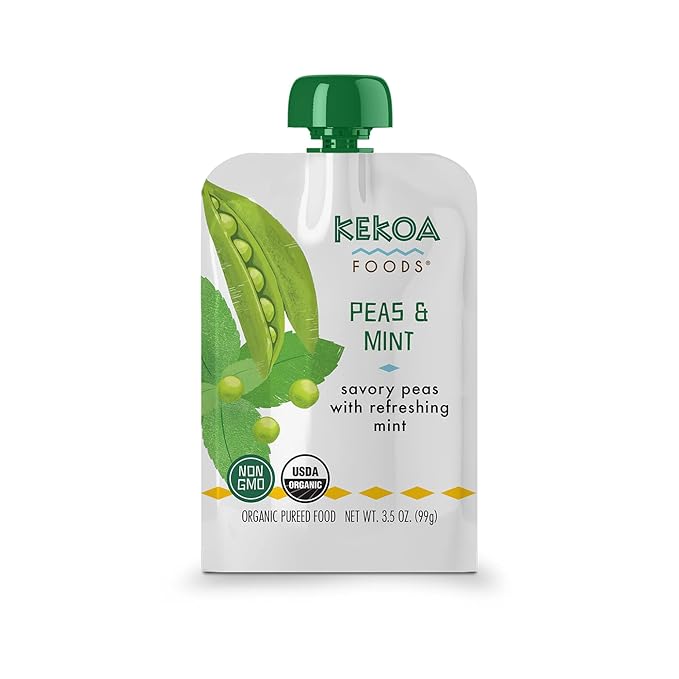 Kekoa Foods Peas & Mint Baby Food Purée | 100% USDA Certified-Organic Vegetarian Squeeze Pouch | Organic, Non-GMO, Gluten-Free, Vegan | Fiber & Protein Boosting First Food for Babies | 3.5 oz