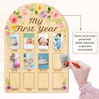 ORIGACH My First Year Baby Growth Photo Display Wood Board - 12 Months Newborn Milestones Photo Board - Neutral Baby Keepsake Board 1st Birthday Party Nursery Decor New Mom Gift - Flower