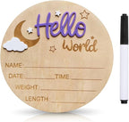 Baby Announcement Sign, 5.9 Inch Wooden Hello World Newborn Signs, Birth Announcement Sign and Pen, Moon and White Cloud Decoration, Welcome Newborn Arrival to World, Hospital Nursery for baby (Purple)