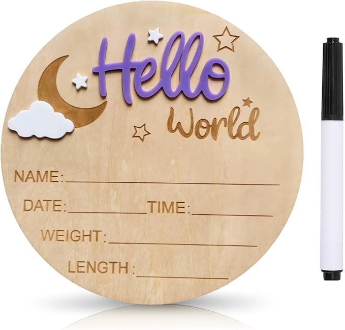 Baby Announcement Sign, 5.9 Inch Wooden Hello World Newborn Signs, Birth Announcement Sign and Pen, Moon and White Cloud Decoration, Welcome Newborn Arrival to World, Hospital Nursery for baby (Purple)