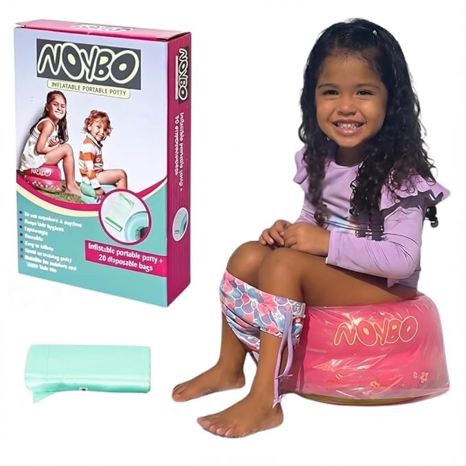 Travel Potty Seat for Toddlers - Inflatable Portable Toilet Kids Chair, Foldable Compact Lightweight Potty for Camping Road Trips, Outdoor Car Travel, Holds 66 lbs and 20 Durable Disposable Bags