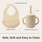 Silicone Baby Feeding Set 14 Pcs,Baby Led Weaning Supplies, Baby Spoons Suction Bowl Divided Plate Bib Cup Finger Brush,First Stage Solid Food Eating Utensils - 6+ Months(Beige)