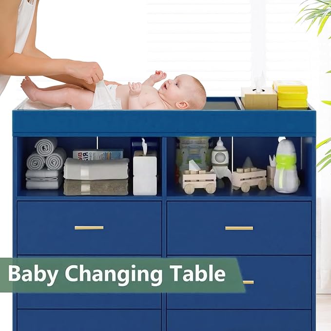 Changing Table Dresser with Drawers, Baby Dresser with Changing Table Top, Power Outlet, LED Light & Metal Feet, Diaper Changing Station Nursery Organizer for Infants Newborn (Blue)