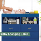 Changing Table Dresser with Drawers, Baby Dresser with Changing Table Top, Power Outlet, LED Light & Metal Feet, Diaper Changing Station Nursery Organizer for Infants Newborn (Blue)
