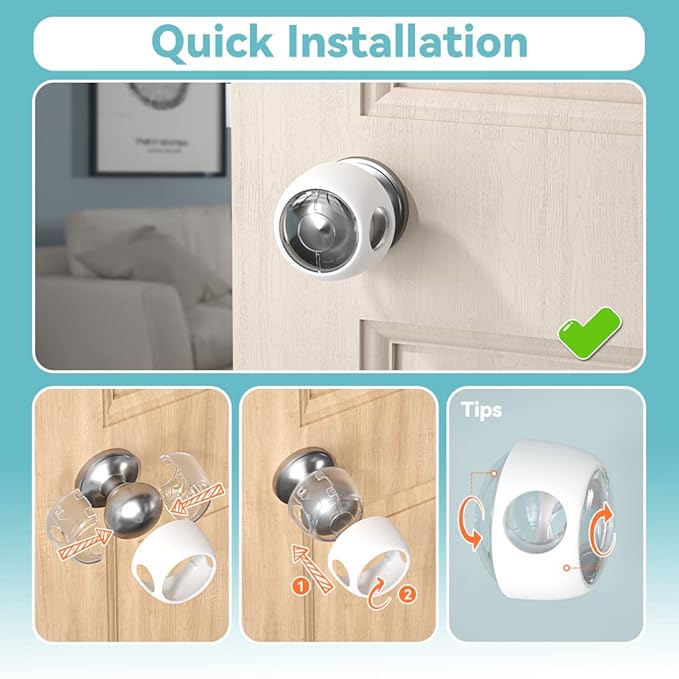 SAFELON 4 Pcs Transparent Safety Door Knob Covers for Toddler, Childproof Door Locks, Easy to Install (Clear-White)