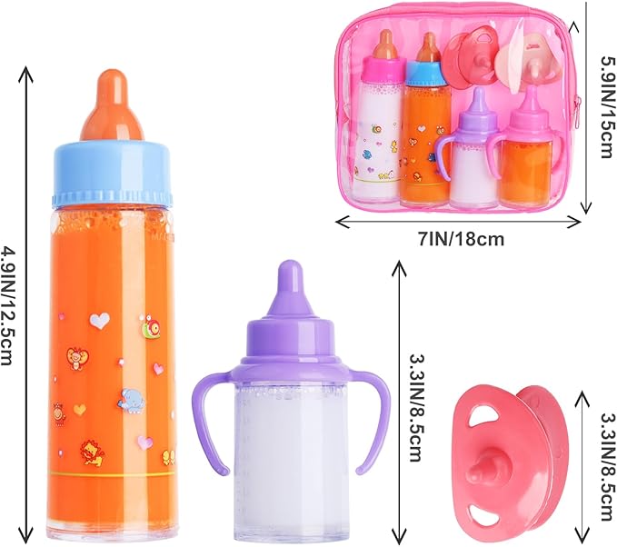 Baby Doll Bottles Accessories Set for Toddlers, 2 Milk and 2 Juice Bottles and 2 Toy Pacifier (Pink)