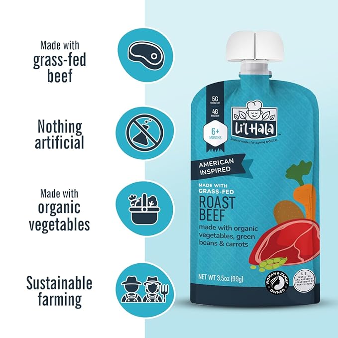 Li’l Hala Baby Food Pouches – 24 Total (2 Flavors) – Grass-Fed Beef Shawarma & Roast Beef with Organic Veggies – Protein & Healthy Fats – Toddler Meat Puree Meals for 6+ Months – No Hormones – 3.5 oz