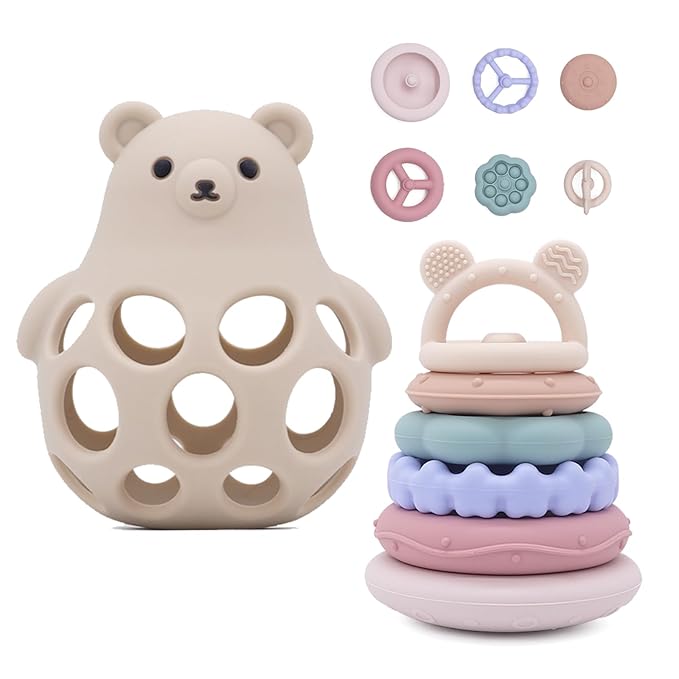 Baby Bear Teething & Stacking Toy Set - Teething Toys Silicone Teethers, Soft Baby Stacker Rings Teether, Learning Toy Gift for Boys and Girls 6+ Months (Beige)