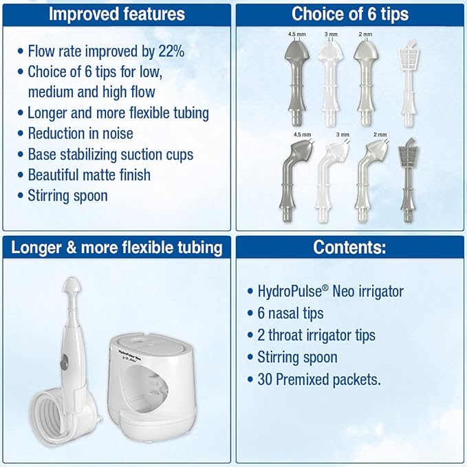 NeilMed HydroPulse Neo. Multi-Speed Electric Pulsating Nasal Sinus Irrigation System with 30 Sinus Rinse Premixed Packets.
