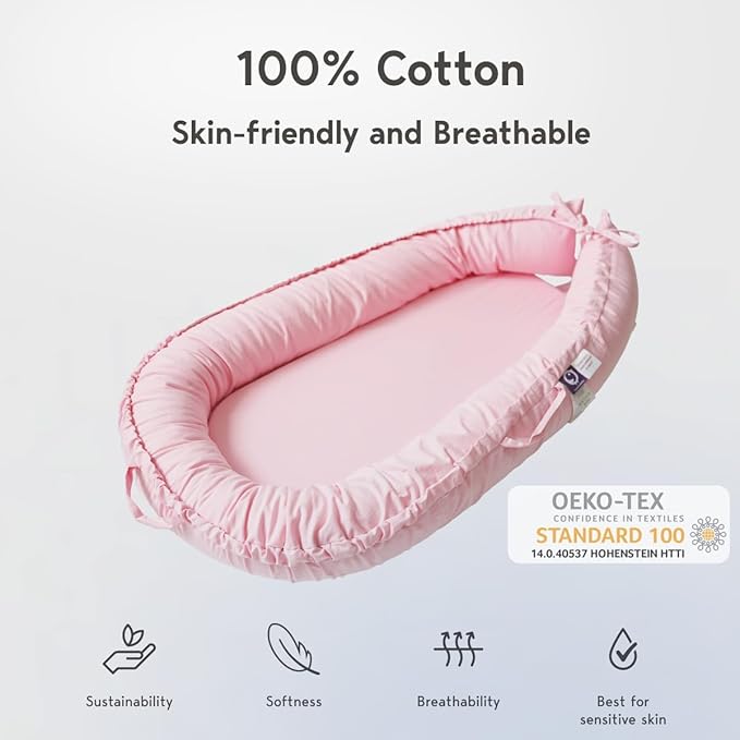 Infant Lounger, Baby Nest Cover for Baby Girls & Boys, Newborn Essentials for Baby 0-18 Months, 100% Cotton Breathable(Misty Rose)