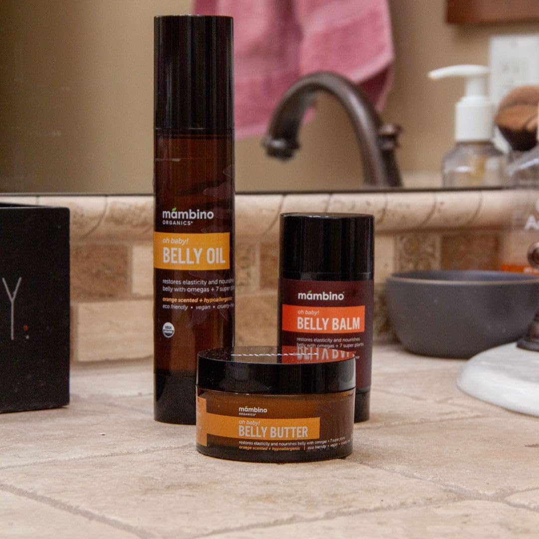 Mambino Organics Oh Baby! Organic Belly Oil for Pregnancy (2 Pack) - Hydrating Stretch Mark Serum, Vegan Maternity Skin Care, Eco-Friendly Pregnancy Oil for Elasticity & Glow, 4oz