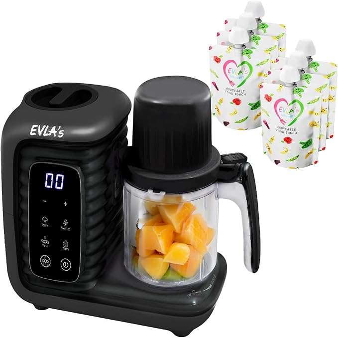 EVLA'S Double Baby Food Maker with 2 Steaming Baskets, Steamer, Blender, Grinder, Food Processor, Cook & Blends Healthy Baby Food in Minutes, Touch Screen, with 6 food pouches, Dark Grey