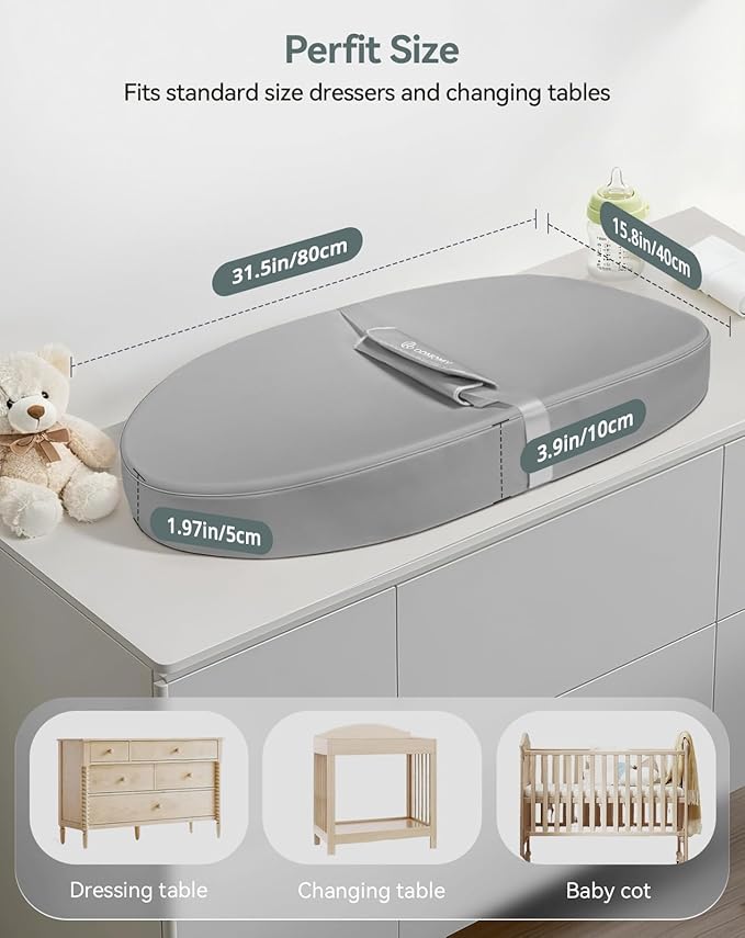 COMOMY Baby Changing Pad with Wipeable & Waterproof PU Cover, Contoured Diaper Changing Pad for Dresser with Non-Slip Safety Belt, Portable and Lightweight, Large Cushioned Foam, Gray