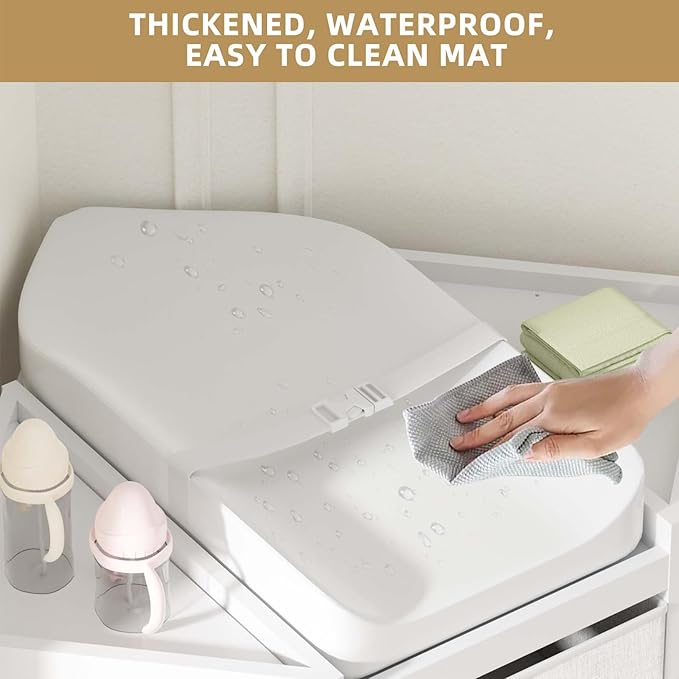 KORIMEFA Changing Table with Drawers, Corner Baby Diaper Changing Station with Laundry Hamper, Storage Bin, and Contoured Pad for Baby - White