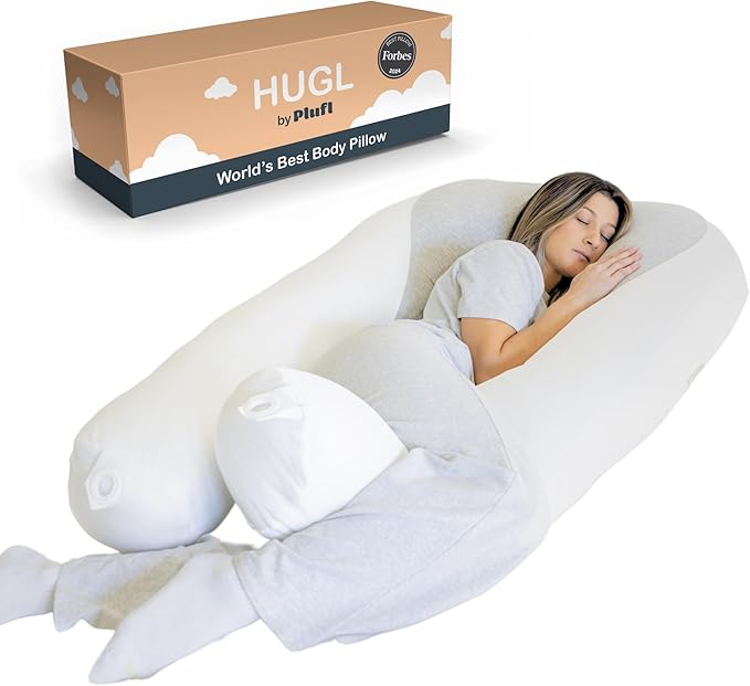 Plufl Hugl Cooling Body Pillow for Adults Made with Memory Foam | U Shaped Maternity Pillows Great for Side Sleepers & Pregnant Women | Washable Cover | White