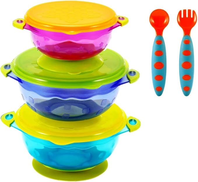 PandaEar Stay Put Spill Proof Stackable Baby Suction Bowls 3 Sizes for Toddlers with Silicone Feeding Utensils and Secure Lids BPA Free