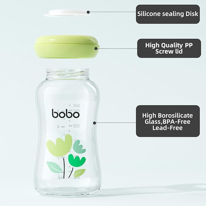 YOHKOH Breast Milk Storage Bottles - Wide Neck Glass Breastmilk Storage Bottles with Lids, BPA-Free (Green, 5.4oz (Pack of 4))