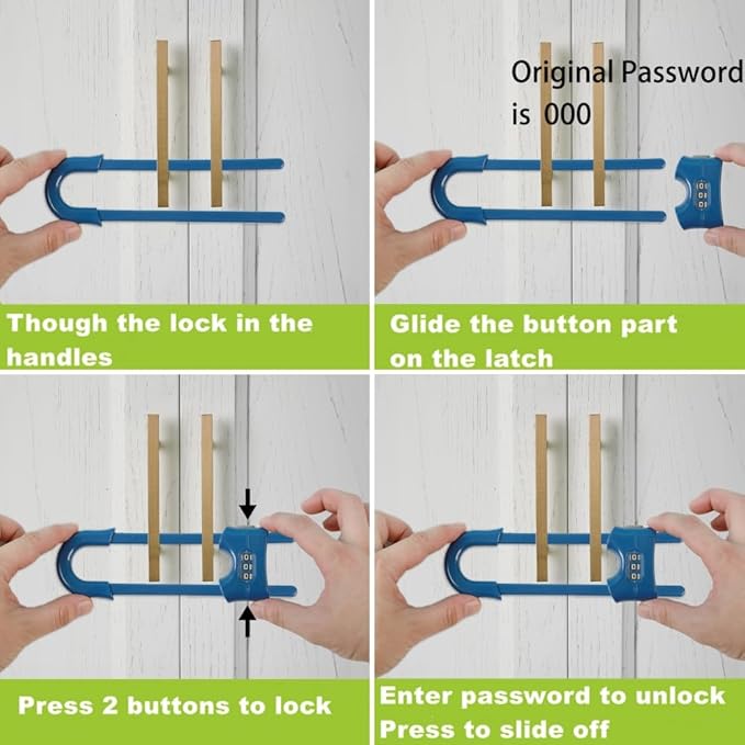 4 Pack Child Proof Sliding Cabinet Door Code Locks Baby Safety Cupboard Locks Adjustable U Shaped Cabinet Latches for Knob Handle Drawers Closet (4 PCS, Blue)