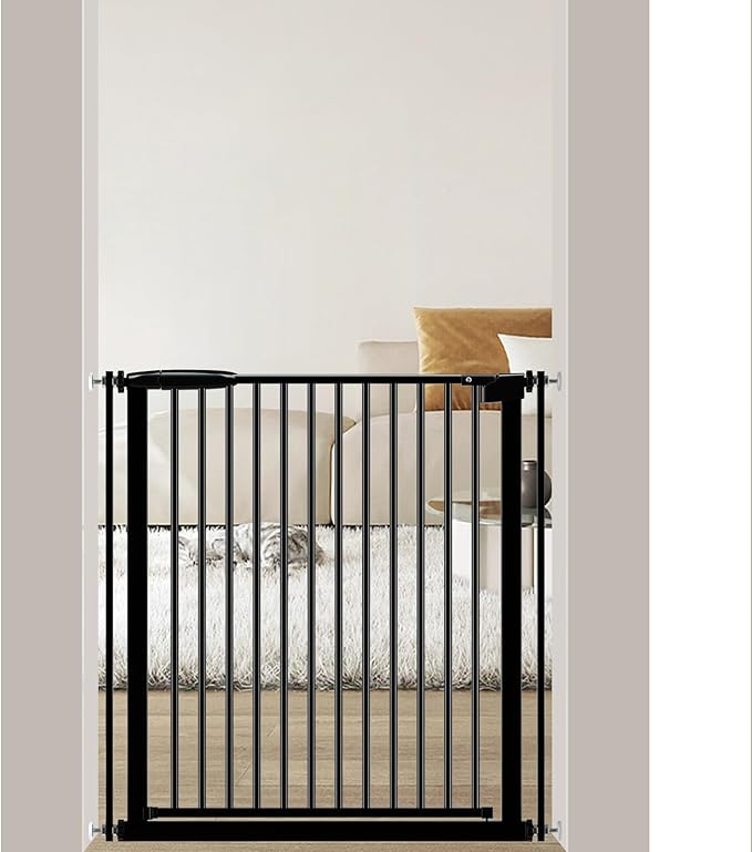 DEARBB Extra Wide Baby Gate Ultra Narrow Spacing 30.11-77.36" Pressure Mounted Double Lock Swing Auto Close Walk Through Metal Safety Pet Gate for Stairs and House Doorway Kitchen