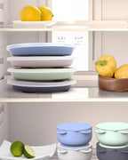 Stainless Steel Toddler Suction Plate with Lid, Deepened 9" Divided Plates with Removable Silicone Sleeves for Kids, Non Toxic Unbreakable Snack Dishes Set of 4, Sage Blue Gray Navy