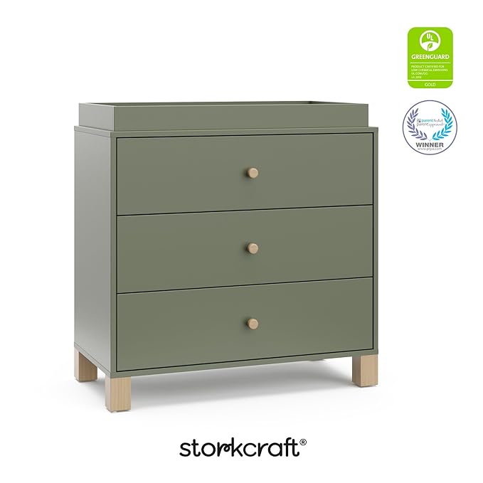 Storkcraft California 3-Drawer Chest with Removable Changing Topper (Olive with Driftwood) – GREENGUARD Gold Certified, Interlocking Drawer System, Pre-Installed Tracks, Easy Assembly