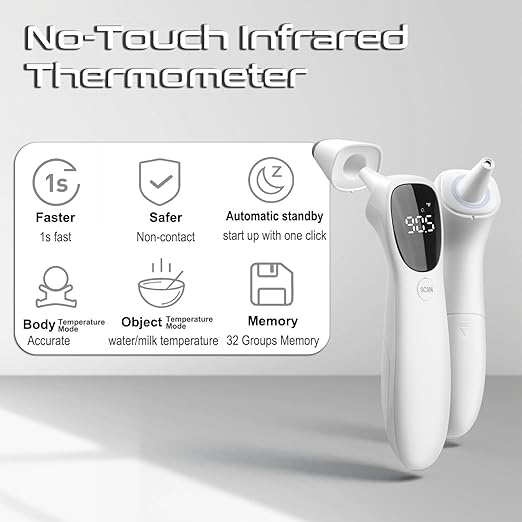 huangirl Touchless Thermometer, Digital Forehead Thermometer for Adults with Fever Alarm, Large LED Digits, 3-in-1 Non Contact Infrared Ear, Forehead & Touchless Thermometers