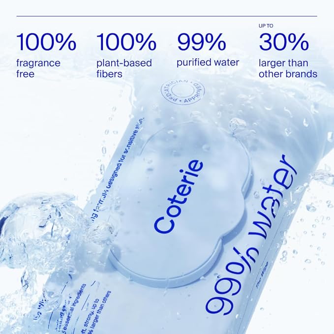 Coterie Baby Wipes + Diapers Kit, Size 2 Diapers (186 Count) & 12 Pack (672 Count) Baby Wipes with 99% Water, Plant Based Materials, Hypoallergenic for Sensitive Skin