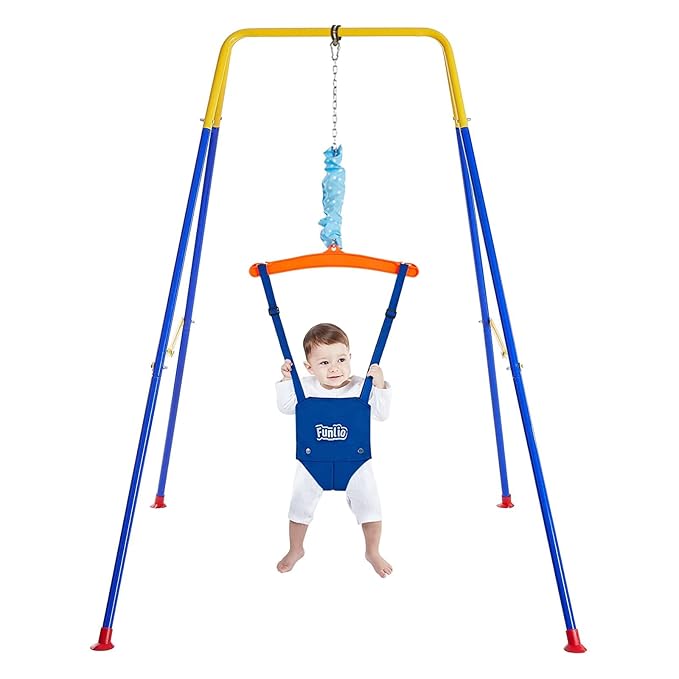 FUNLIO Baby Jumper with Stand for 6-24 Months, Infant Jumper for Indoor/Outdoor Play,Baby Bouncer for Baby Girl/Boy, with Adjustable Chain, Easy to Assemble & Store (with Stand) - Blue