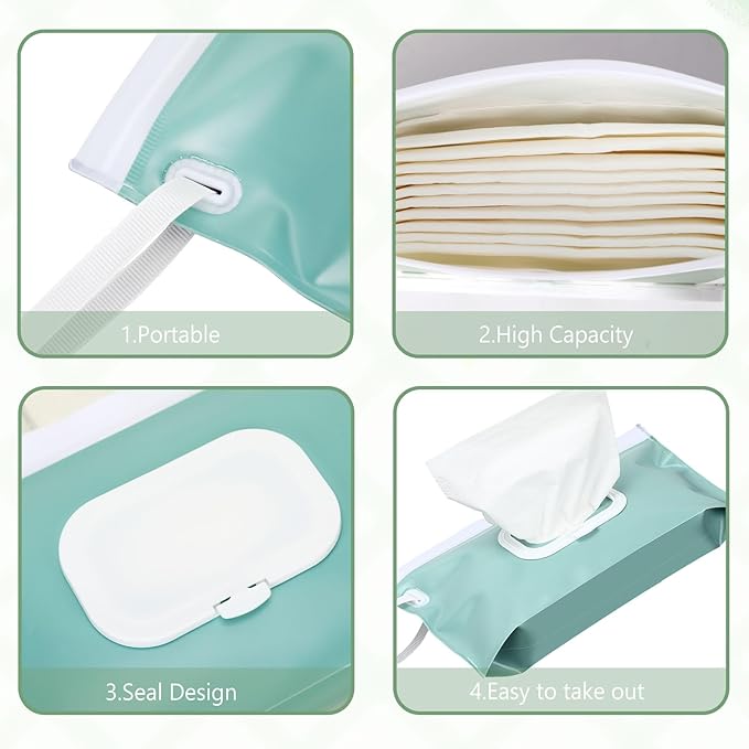 FEBSNOW 2 Pack Baby Wipes Dispenser Holder, Portable Refillable Baby Wet Wipes Pouch Container Reusable Travel Case for Outdoor Hiking, Blue Leaves