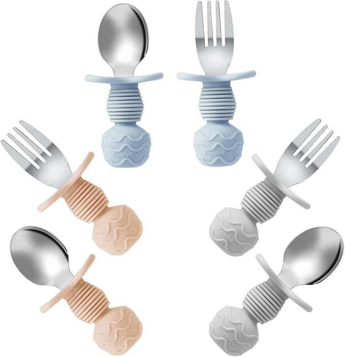 PandaEar 6 Pack Stainless Steel Toddler Spoons and Fork Feeding Set - Anti-Choke First Self Feeding Utensils for Kids Baby Boys Led Weaning Ages 18 Months+ (Blue/Grey/Peach)