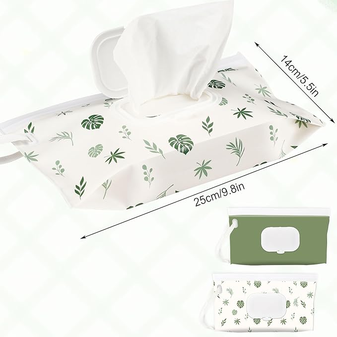 FEBSNOW 2 Pack Baby Wipes Dispenser Holder, Portable Refillable Baby Wet Wipes Pouch Container Reusable Travel Case for Outdoor Hiking, Green Leaves