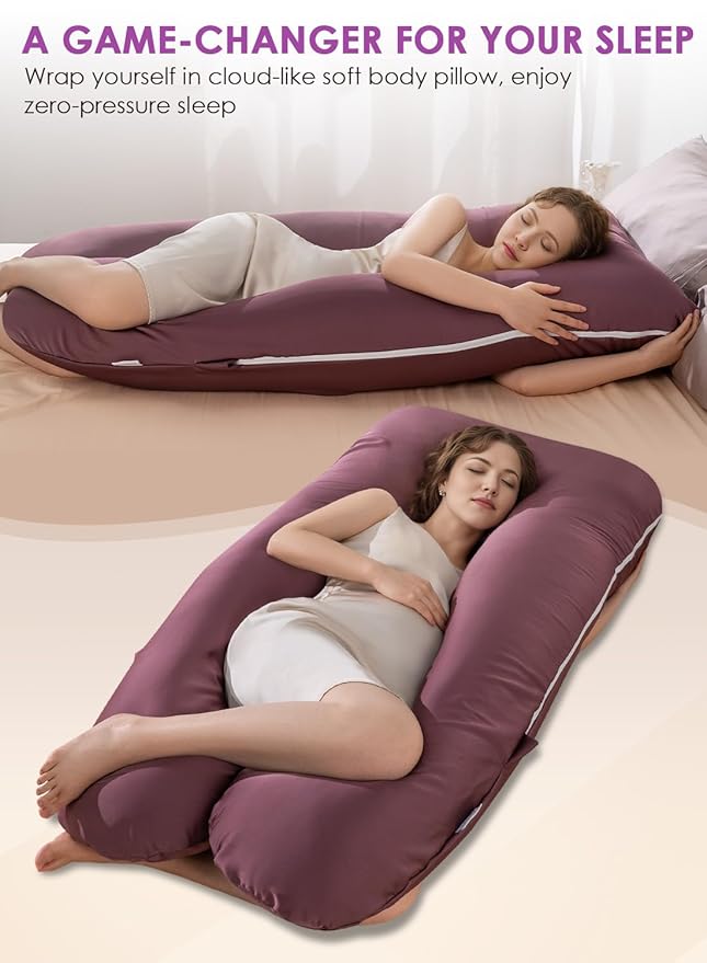 QUEEN ROSE Pregnancy Pillow, Maternity Body Pillow for Sleeping, U Shaped Pillow for Body Support Sleeping, Silky Satin Cover, Purple