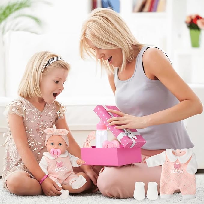 DONTNO 12'' Baby Doll in Gift Box with Pink Bear Pattern Clothes Accessories Playset,Pacifier,Feeding Bottle. Used for Gift Idea for Child Ages 3+