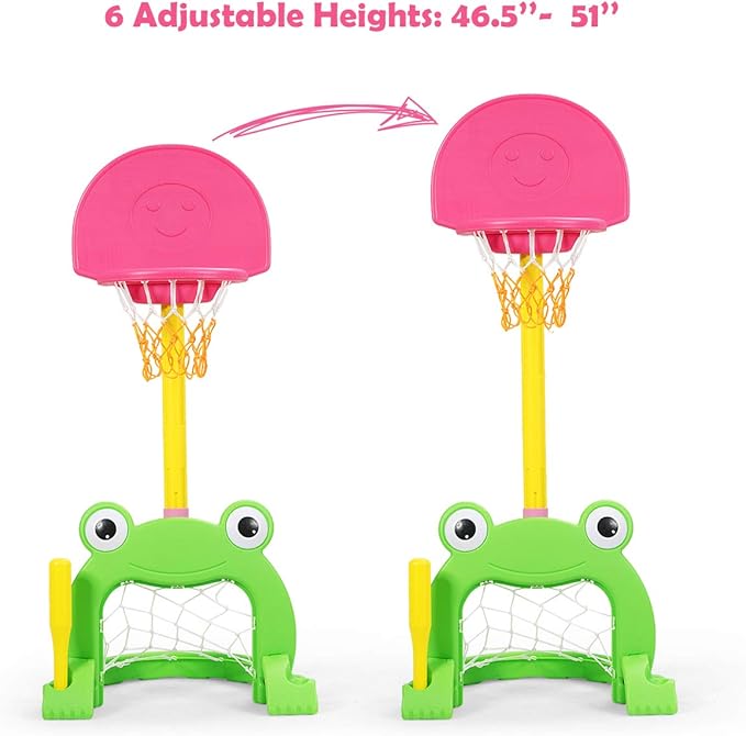 Costzon Toddler Basketball Hoop, 3-in-1 Sports Set for Basketball, Baseball & Football, 6 Height Adjustable Basketball Toy Activity Center for Indoor & Outdoor, Best Gift for Kids (Cute Frog)