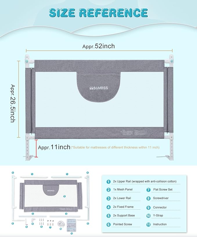 MBQMBSS 52'' Bed Rail for Toddlers, Baby Bed Guard Rails - Fit for Wide Side of Full Size Bed, Extra Tall Safety Bedrails for Kids, Adjustable Height, with Extra Y-Shaped Reinforcement Strap