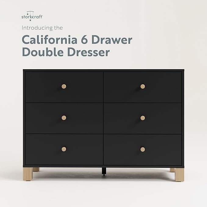 Storkcraft California 6-Drawer Double Dresser (Black with Driftwood) - GREENGUARD Gold Certified, Interlocking Drawer System, Dresser Drawer Organizer for Kids Bedroom