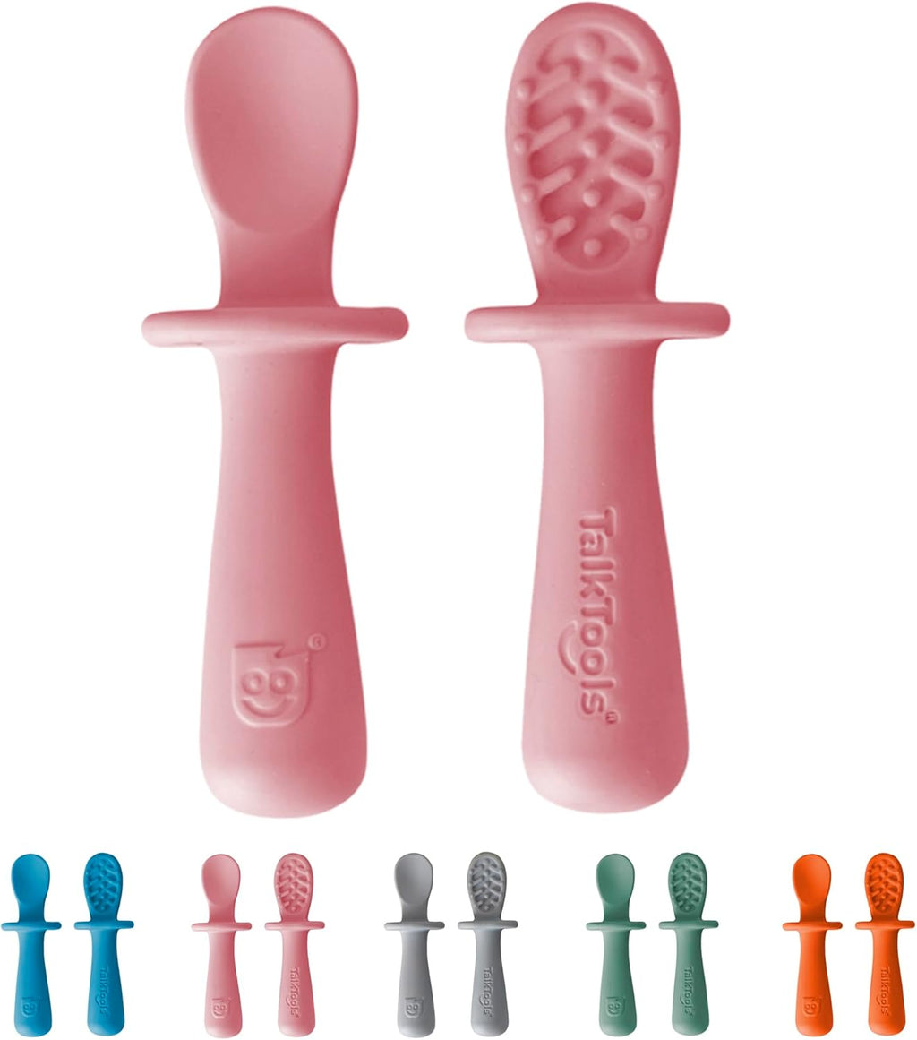 TalkTools ITSY Tiny Silicone Spoons – Twin Pack Soft Silicone Self-Feeding Training Spoons for Kids & Toddlers, Anti-Choking Flange Guard and Non-Slip Handle (Bubblegum)