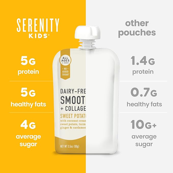 Serenity Kids 6+ Months Dairy-Free Smoothie Baby Food | USDA Organic | Grass Fed Collagen Protein | 3.5 Ounce BPA-Free Pouch | Sweet Potato Spice | 12 Count