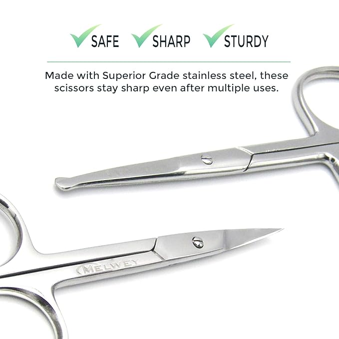 Pack of 2 Curved & Rounded Blunt Tip TSA Stainless Steel Small Scissors for Eyebrows & Eyelashes for Beard Trimming & Moustache, Baby Scissors for Nails, Nose & Facial Hair Scissor.